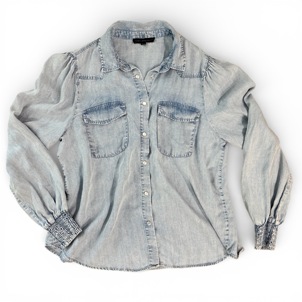 Jane and Delancey Chambray Button Down Blouse Smocked Cuffs Size Large